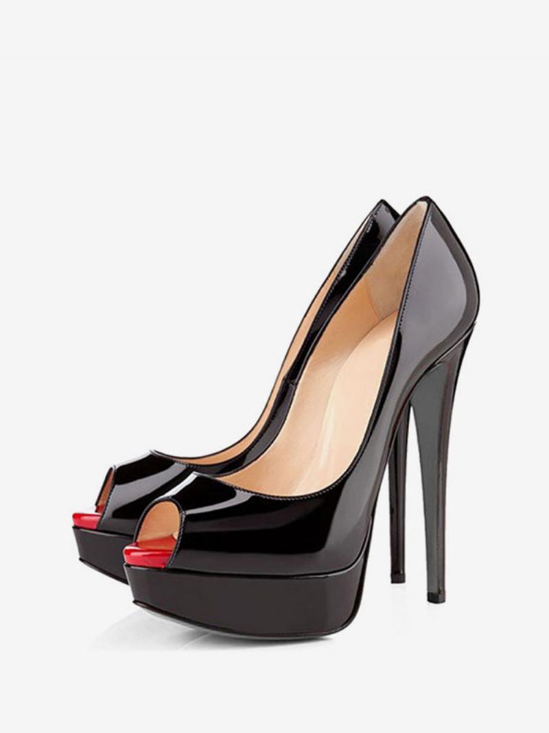 Női Black Peep Toe Heels Platform Stiletto Heel Pumps Szexi Cipők