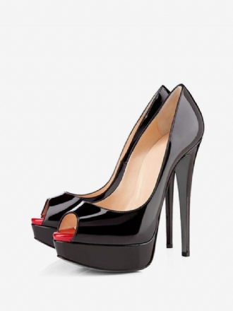 Női Black Peep Toe Heels Platform Stiletto Heel Pumps Szexi Cipők