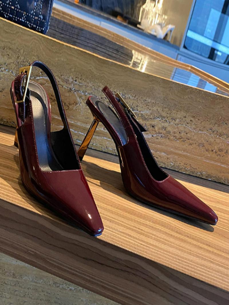 Női Fekete Magassarkú Hegyes Orrú Slingback Sarkú - Bordó