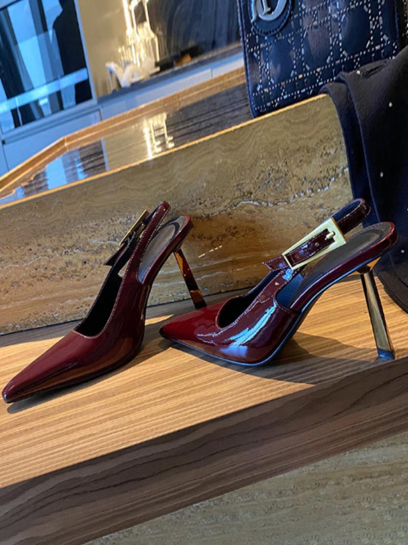 Női Fekete Magassarkú Hegyes Orrú Slingback Sarkú - Bordó