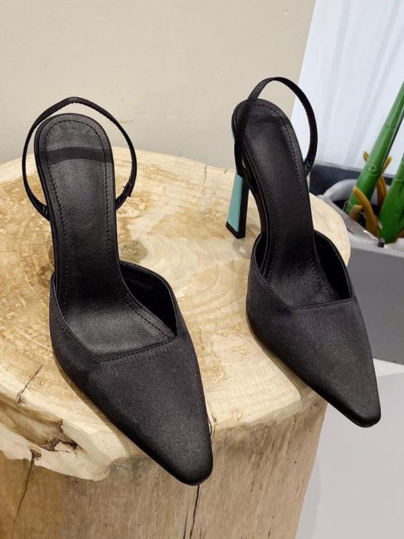 Női Fekete Magassarkú Hegyes Orrú Slingback Tűsarkú Szivattyúk - Fekete