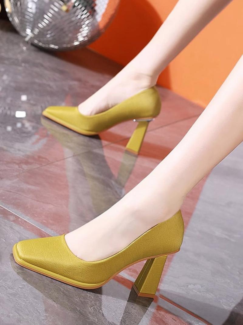 Női Heels Chic Square Toe Pumps Chunky Heel Pu Bőr - Sárga