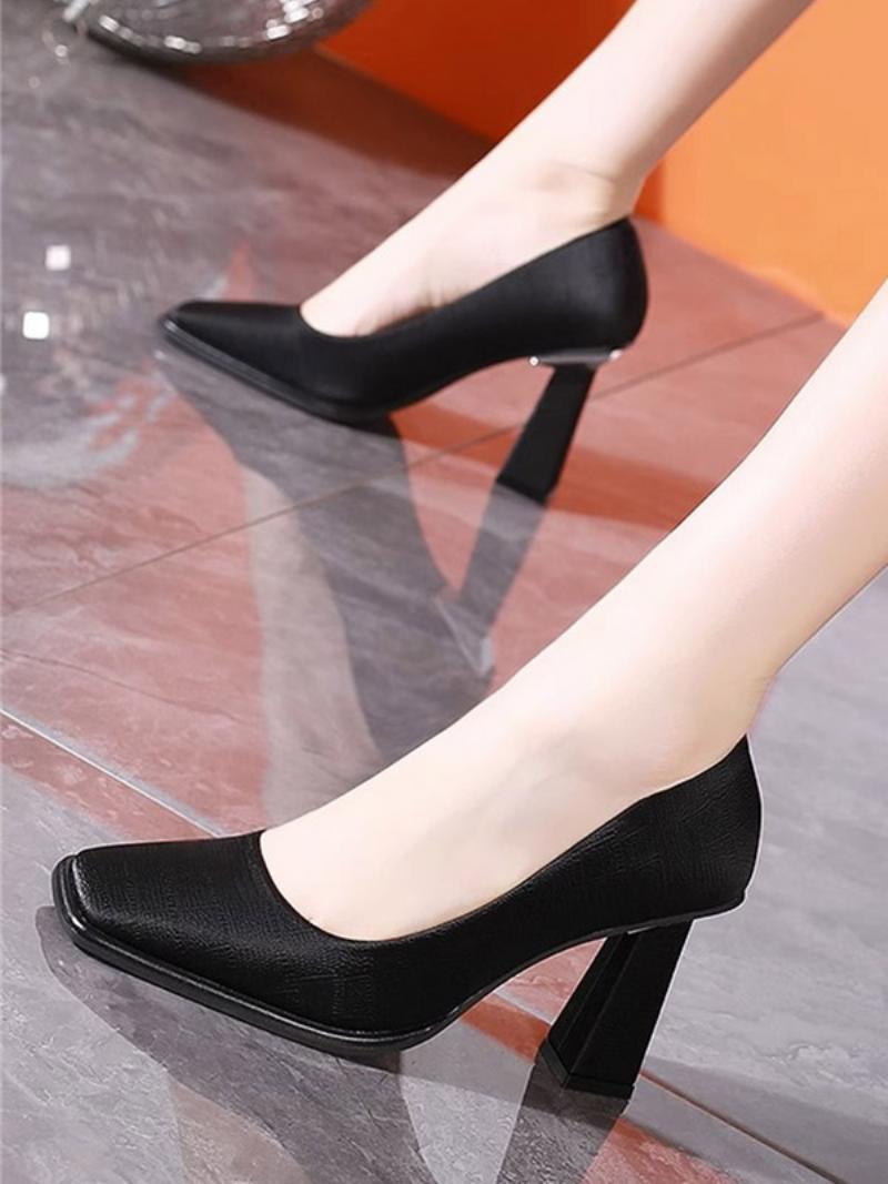 Női Heels Chic Square Toe Pumps Chunky Heel Pu Bőr - Fekete