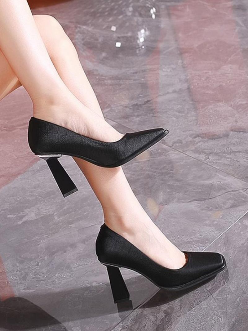 Női Heels Chic Square Toe Pumps Chunky Heel Pu Bőr - Fekete