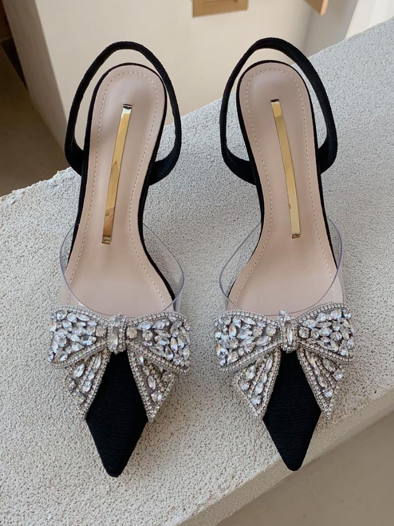 Női Kitten Heel Pumps Fekete Hegyes Orrú Strassz Masni Slingback Partycipők