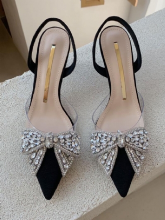 Női Kitten Heel Pumps Fekete Hegyes Orrú Strassz Masni Slingback Partycipők