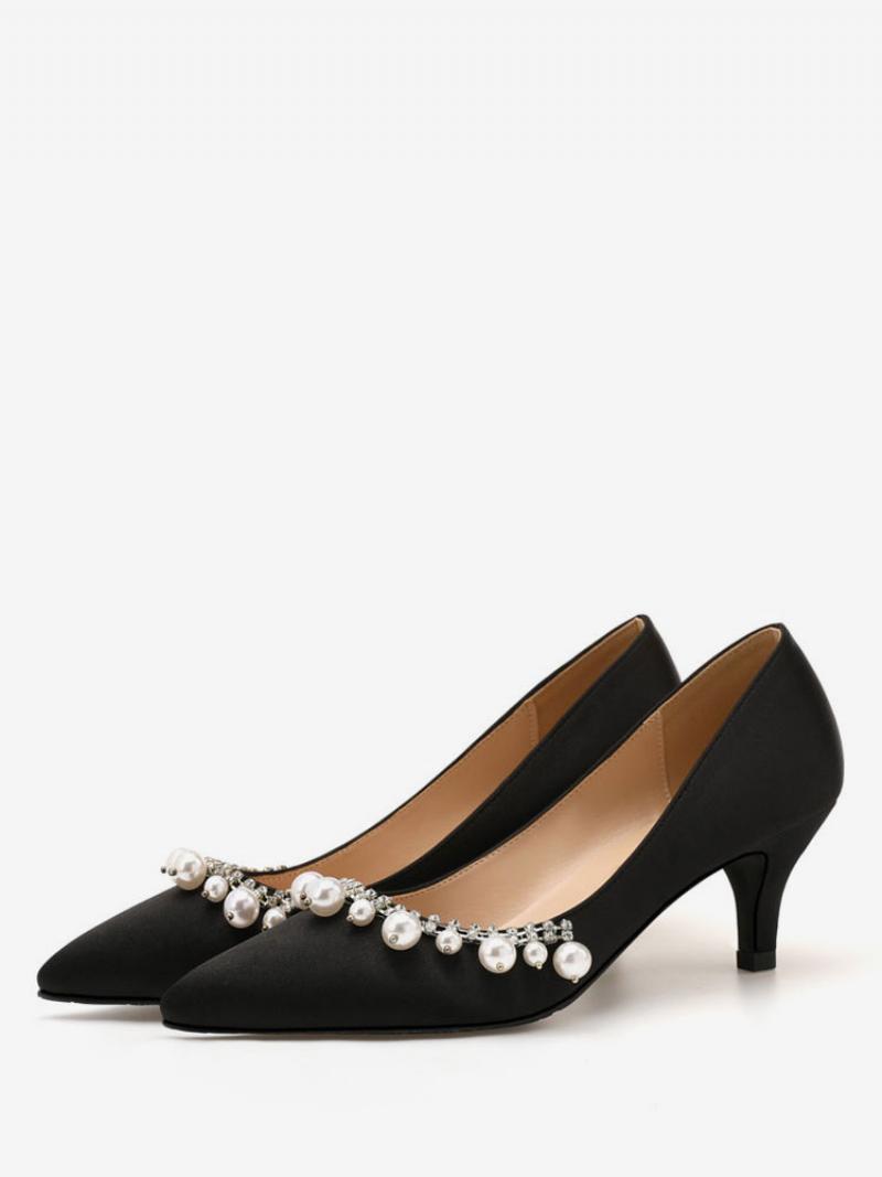 Női Közép-alacsony Sarkú Elegáns Hegyes Orrú Kitten Heel Slip-on Pretty Pearls Fehér Esküvői Pumpák És Cipők - Fekete