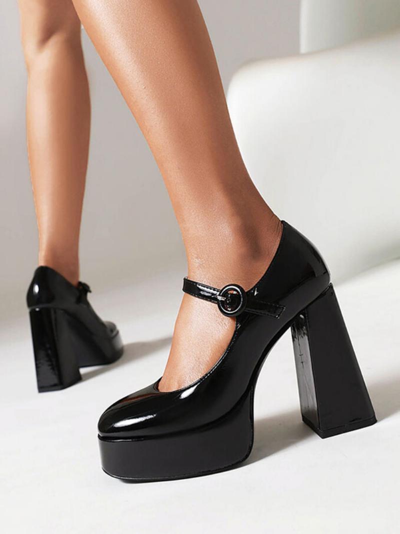 Női Magassarkú Vintage Cipő Platform Chunky Heel Mary Jane Pumps - Fekete