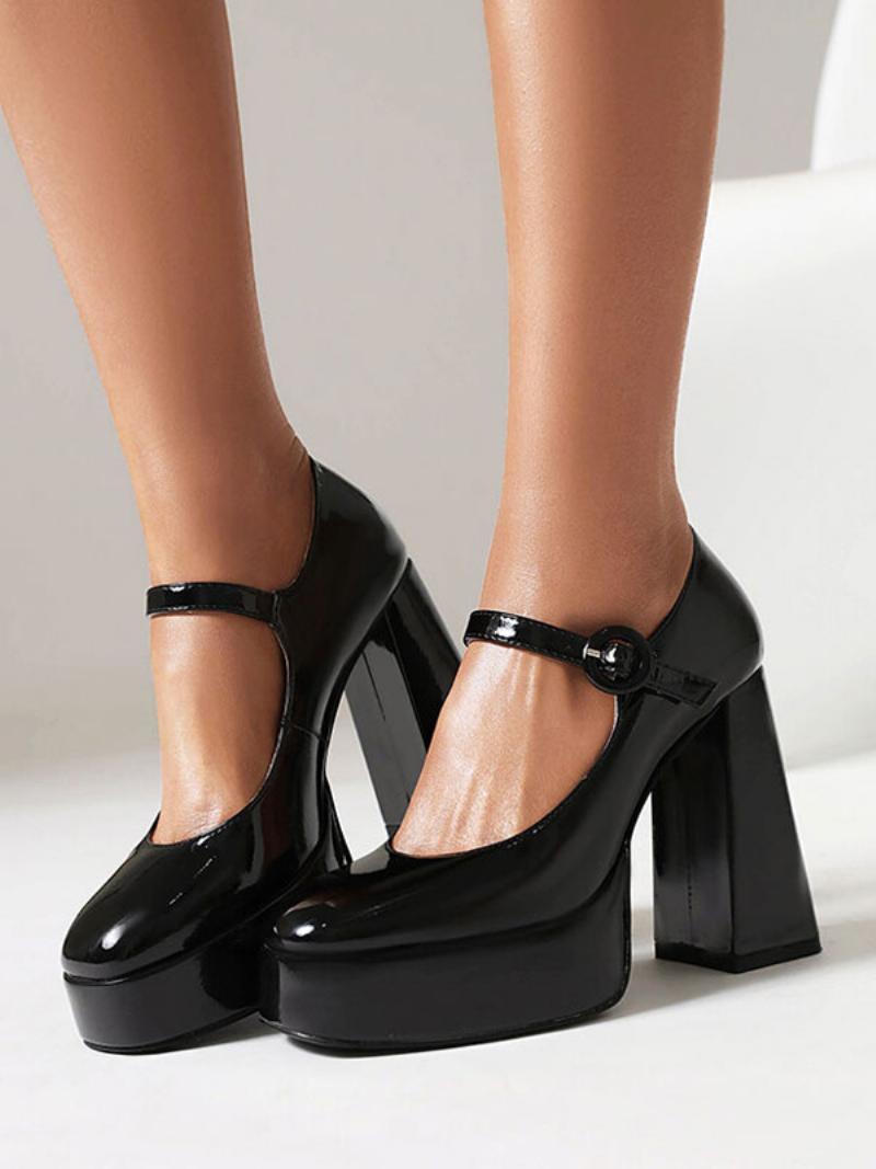 Női Magassarkú Vintage Cipő Platform Chunky Heel Mary Jane Pumps - Fekete