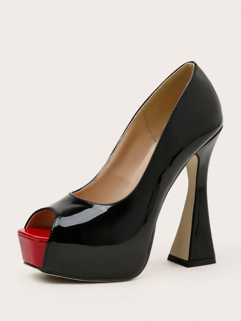 Női Peep Toe Platform Chunky Heel Pumps Fekete