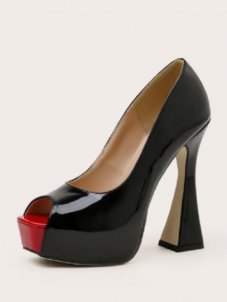 Női Peep Toe Platform Chunky Heel Pumps Fekete