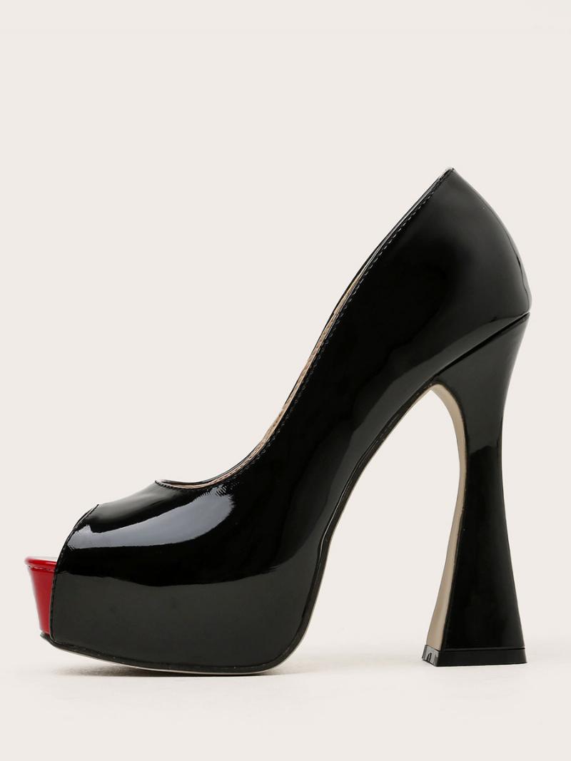 Női Peep Toe Platform Chunky Heel Pumps Fekete - Fekete