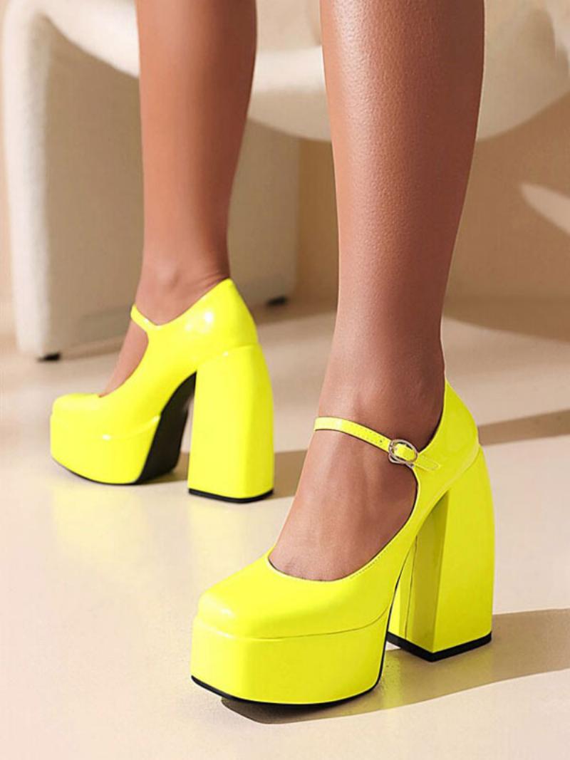 Női Platform Mary Jane Pumps Chunky Heel - Sárga