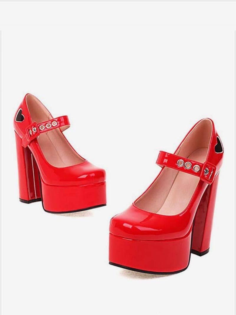 Női Red Heart Platform Mary Jane Heels - Piros