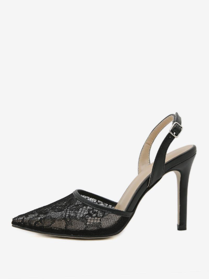 Női Slingback Heels Gombok Csipke Stiletto Heel Fekete Pumps - Fekete