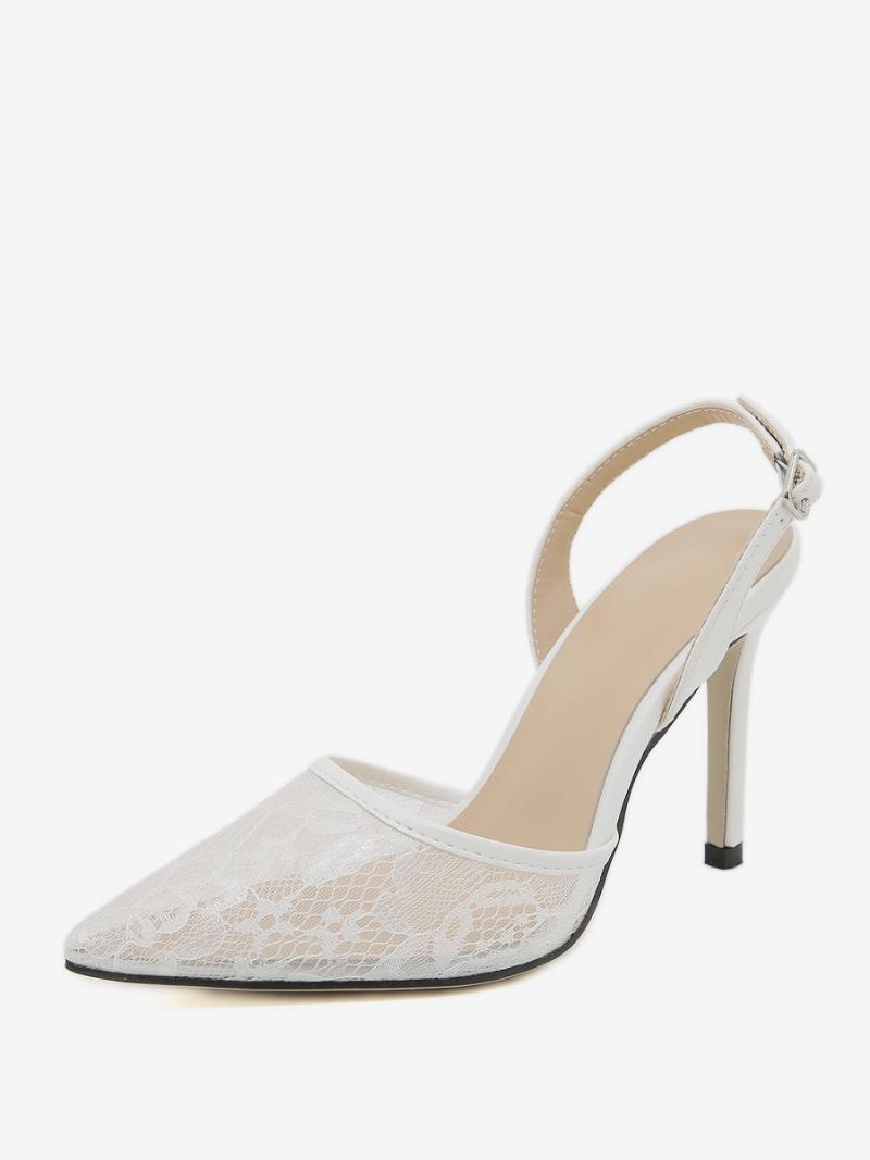 Női Slingback Heels Gombok Csipke Stiletto Heel Fekete Pumps - Fehér