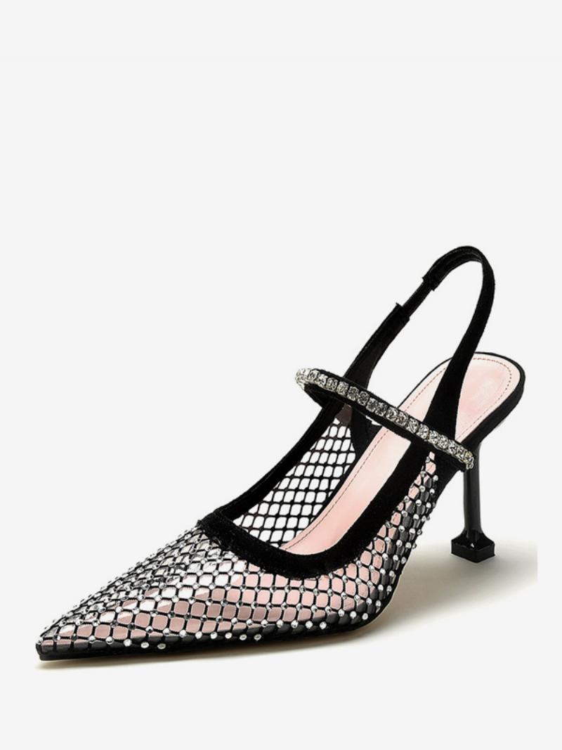 Női Slingback Heels Mesh Black Rhinstones Stiletto Heel Pumps Party Cipők