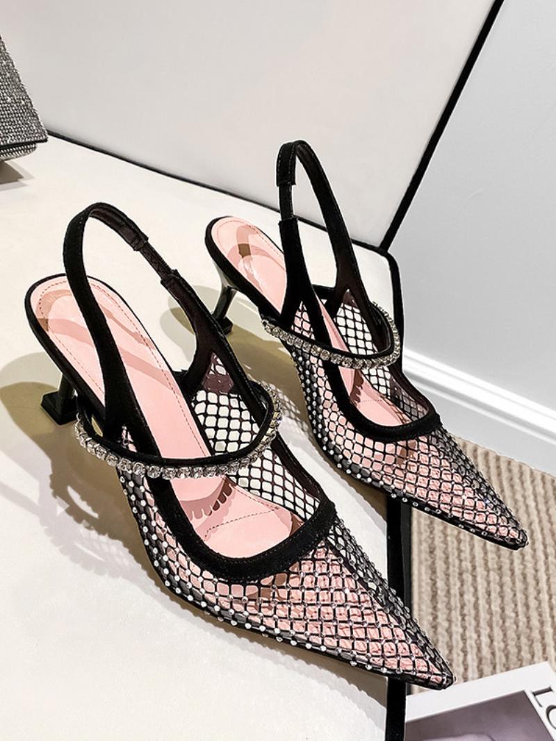 Női Slingback Heels Mesh Black Rhinstones Stiletto Heel Pumps Party Cipők - Fekete