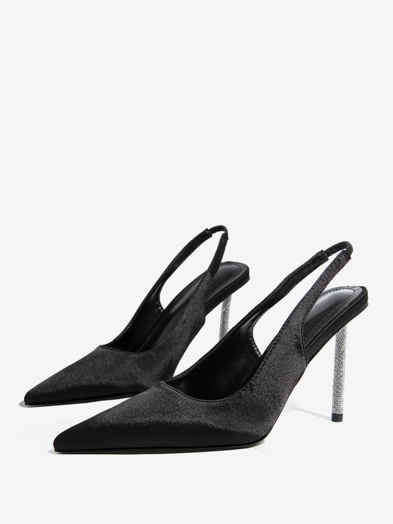 Női Szatén Magassarkú Hegyes Orrú Tűsarkú Csillogó Kúpos Sarkú Slingback Partycipő