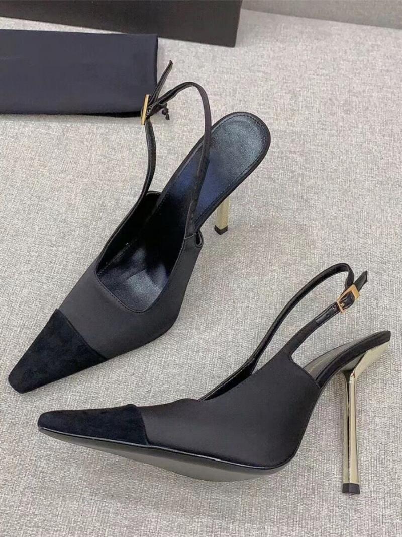 Női Szatén Slingback Szivattyúk Fekete Négyzet Orrú Tűsarkú - Fekete