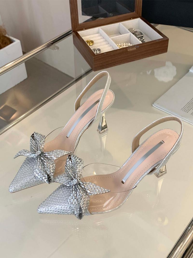 Női Tűsarkú Slingback Heels Fekete Pu Bőr Pumpák - Ezüst