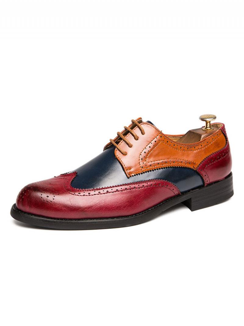 Férfi Színes Blokk Wingtips Ruha Derby Cipő - Piros