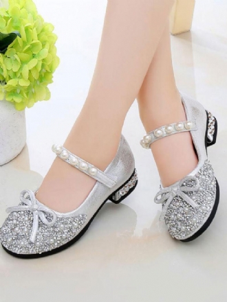 Girls Glitter Bow Pearls Mary Jane Flower Girl Flats