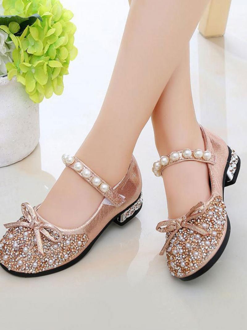 Girls Glitter Bow Pearls Mary Jane Flower Girl Flats - Rózsaszín