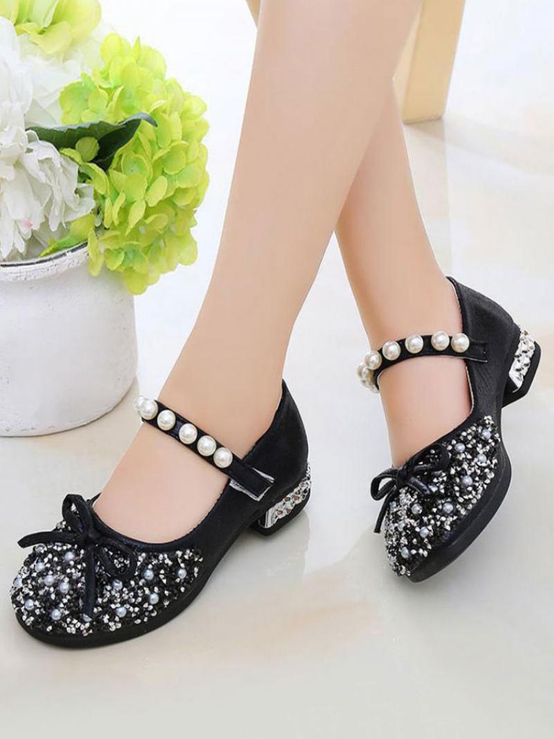 Girls Glitter Bow Pearls Mary Jane Flower Girl Flats - Fekete