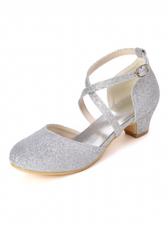 Girls Glitter Cross Strap Kitten Heel Lány Cipő Virág