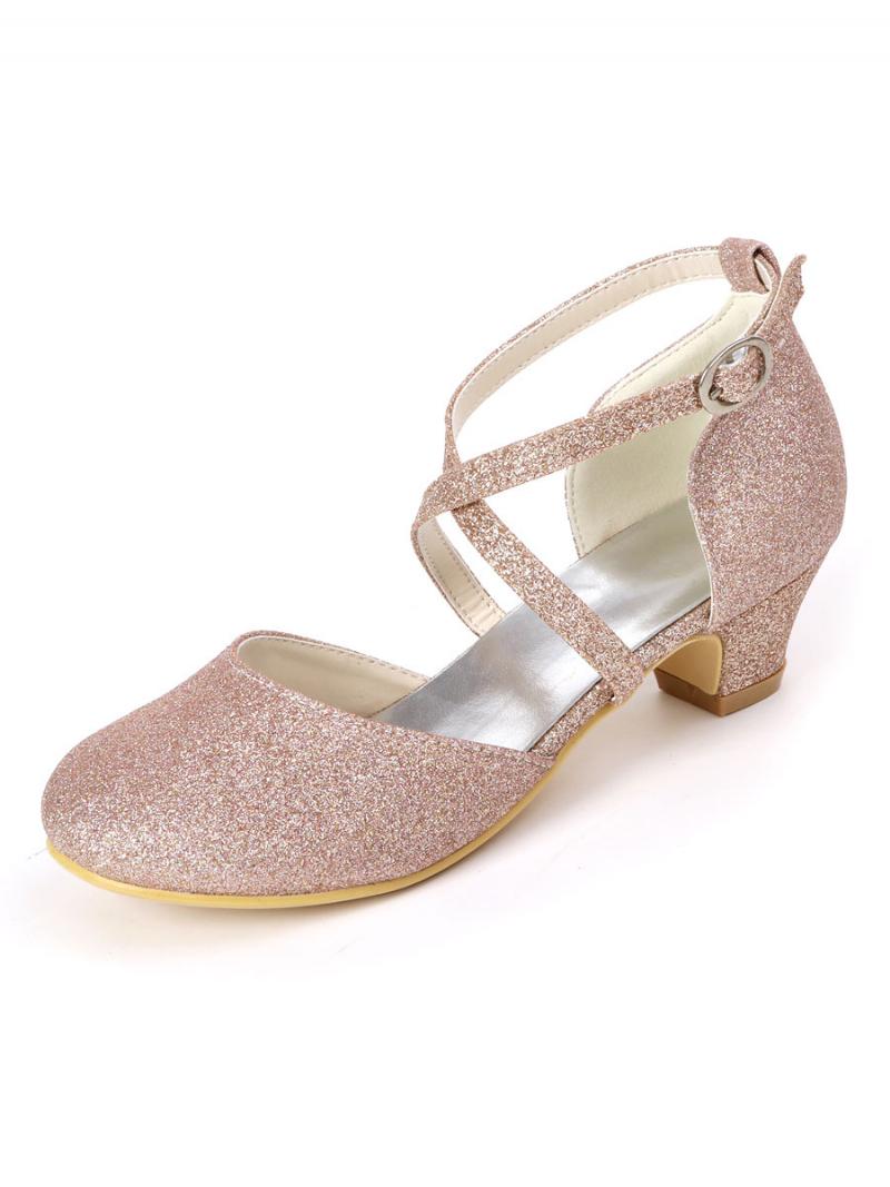 Girls Glitter Cross Strap Kitten Heel Lány Cipő Virág - Pezsgő