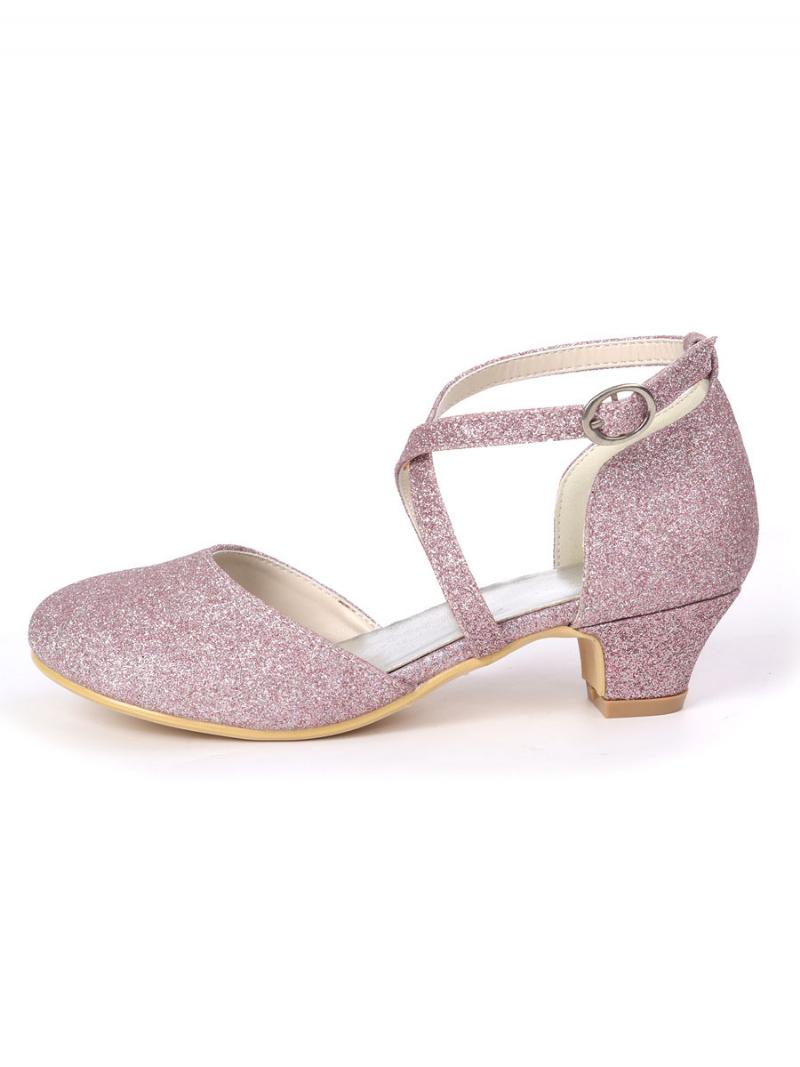 Girls Glitter Cross Strap Kitten Heel Lány Cipő Virág - Lila