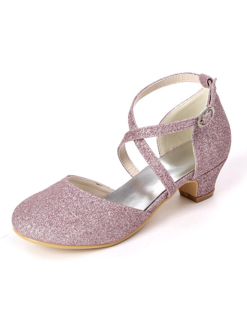 Girls Glitter Cross Strap Kitten Heel Lány Cipő Virág - Lila