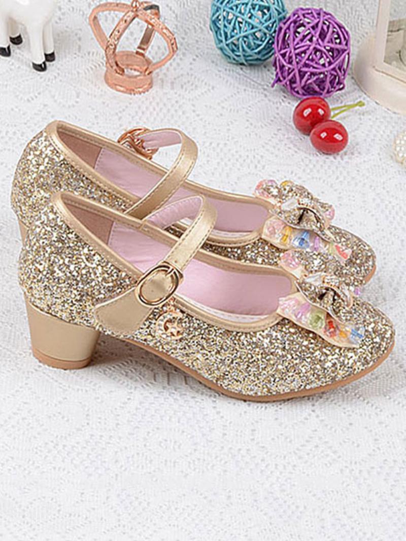 Lány Cipő Virág Glitter Bow Mary Jane Chunky Heel Pumps - Arany