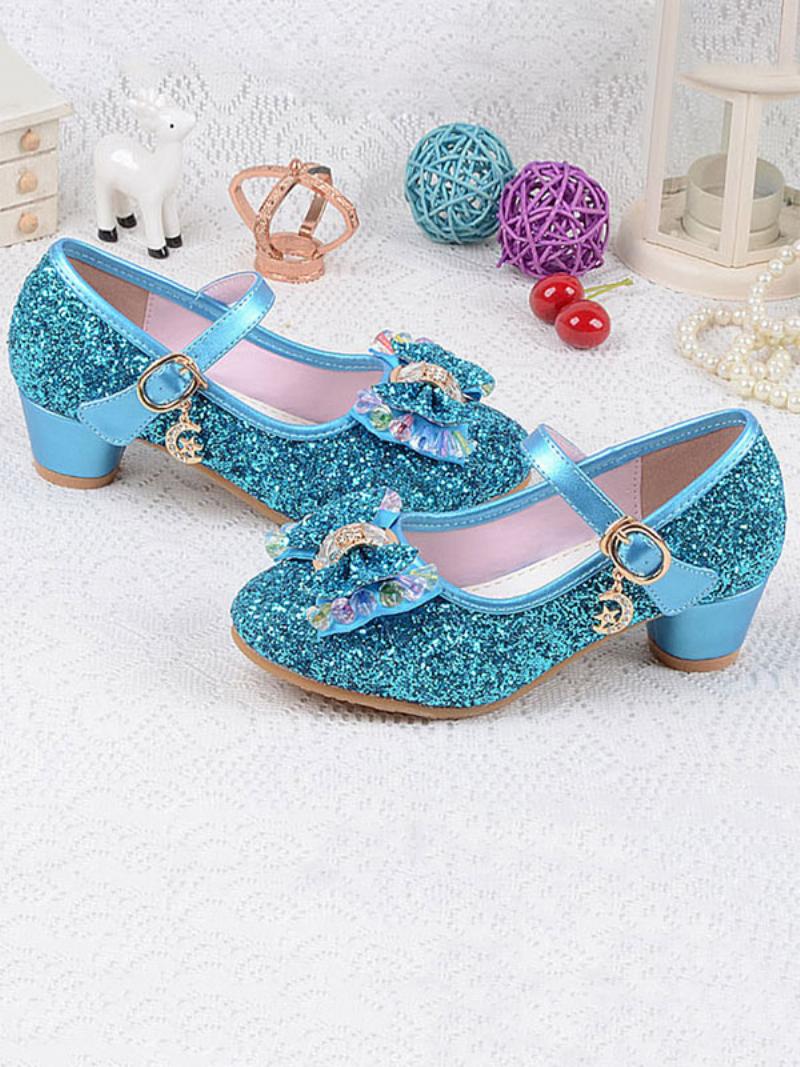 Lány Cipő Virág Glitter Bow Mary Jane Chunky Heel Pumps - Világos Égkék