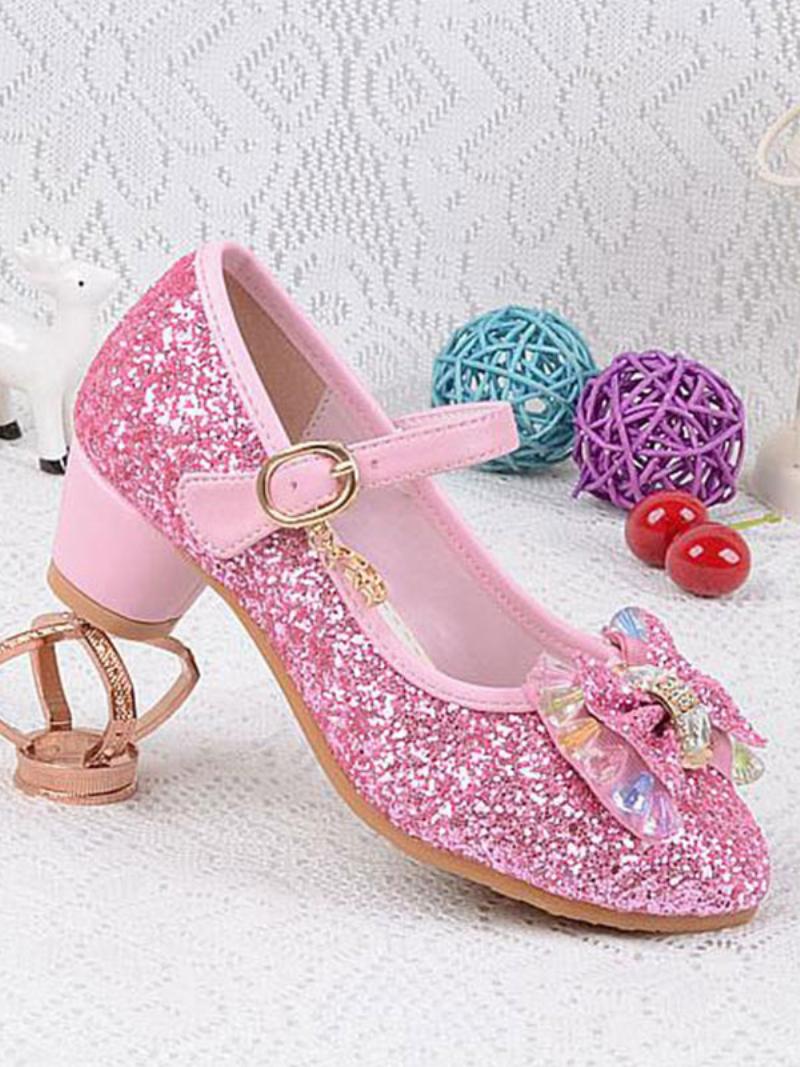 Lány Cipő Virág Glitter Bow Mary Jane Chunky Heel Pumps - Rózsaszín