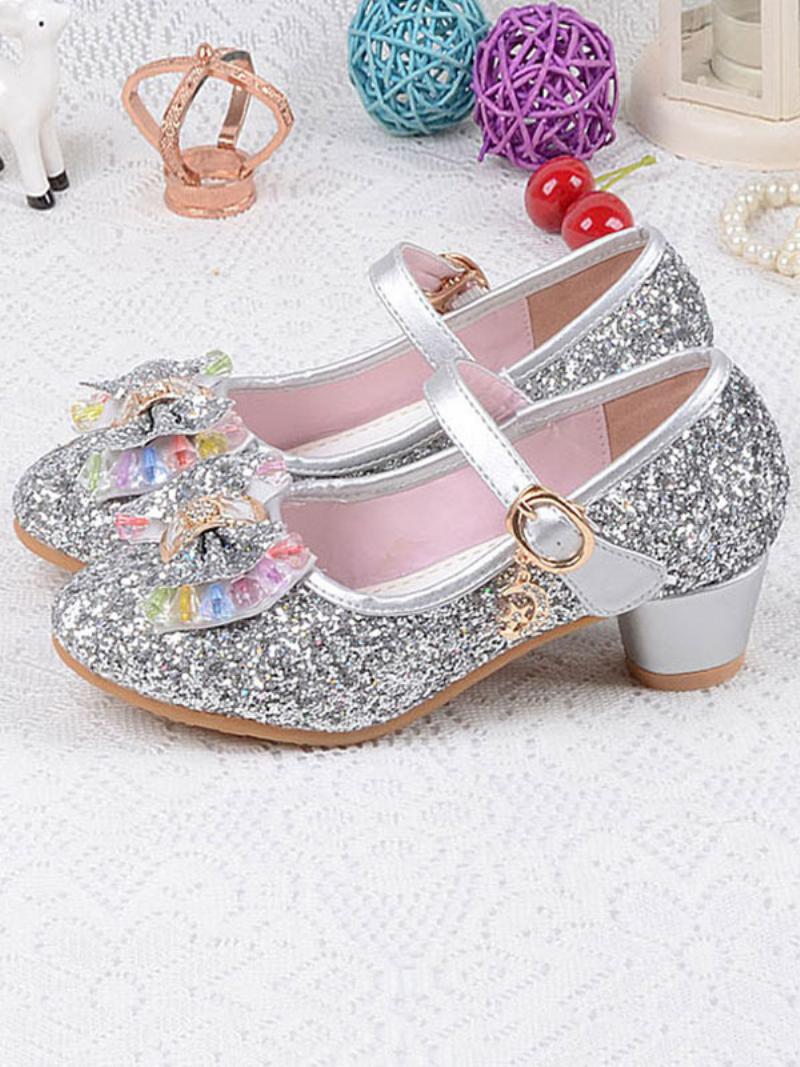 Lány Cipő Virág Glitter Bow Mary Jane Chunky Heel Pumps - Ezüst