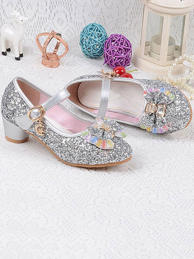 Lány Cipő Virág Glitter Bow Mary Jane Chunky Heel Pumps - Ezüst