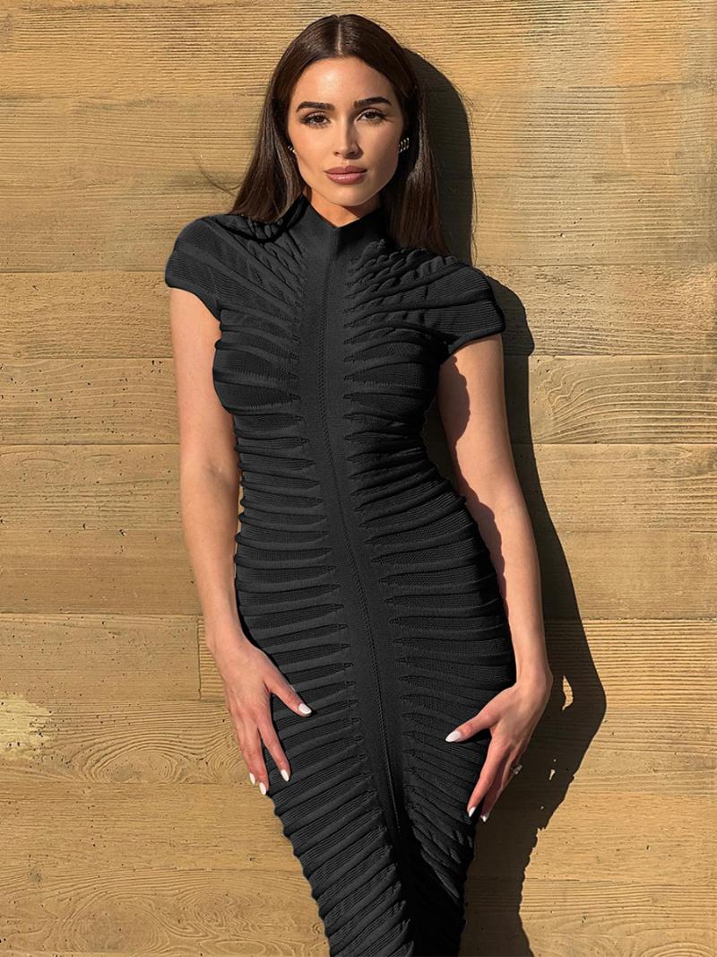 Női Átlátszó Bodycon Ruha Rövid Ujjú Ropogós Night Out Maxi Ruhák - Fekete