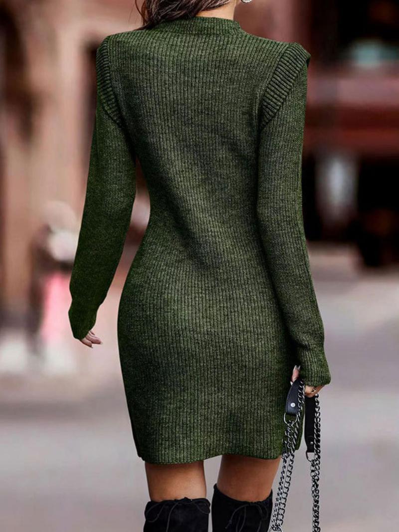 Női Kötött Ruha Hosszú Ujjú Jewel Nyakú Őszi Mini Bodycon - Hunter Green