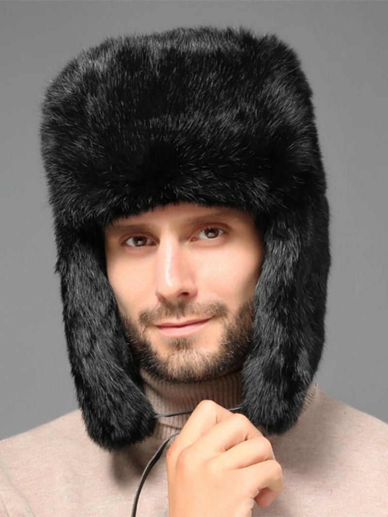 Férfi Sapkák Modern Műszőrme Téli Meleg Orosz Ushanka Hat - Fekete