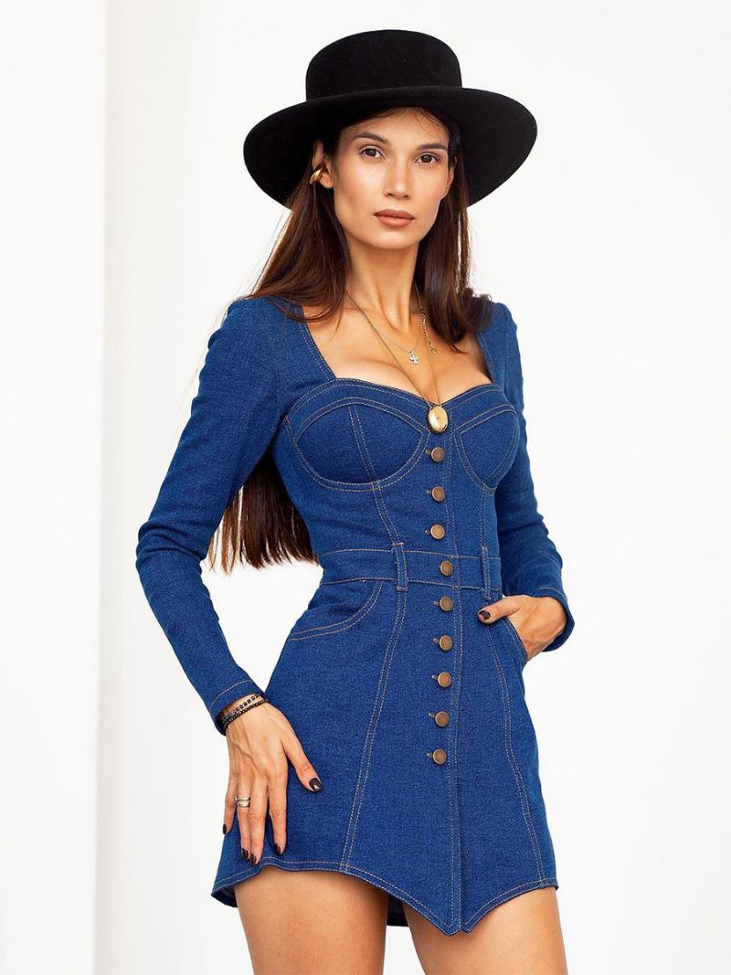 Női Farmer Bodycon Ruha Sweetheart Nyakú Gombos Mini Tokos Ruhák - Kék