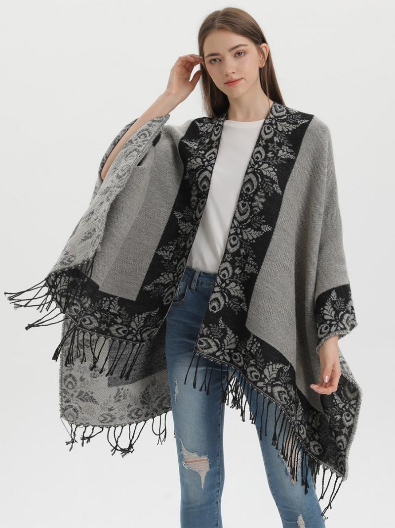 Női Bohemian Fringe Cape Nyomtatott Nagyméretű Őszi Téli Poncsók