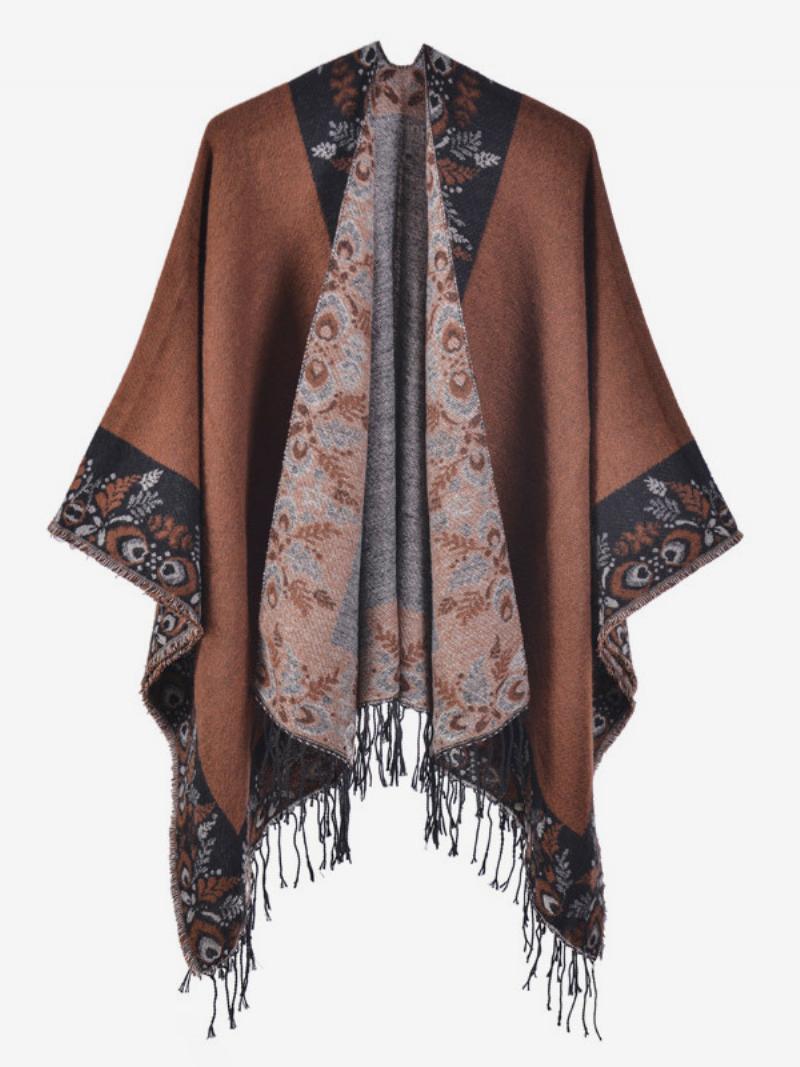 Női Bohemian Fringe Cape Nyomtatott Nagyméretű Őszi Téli Poncsók - Kávébarna