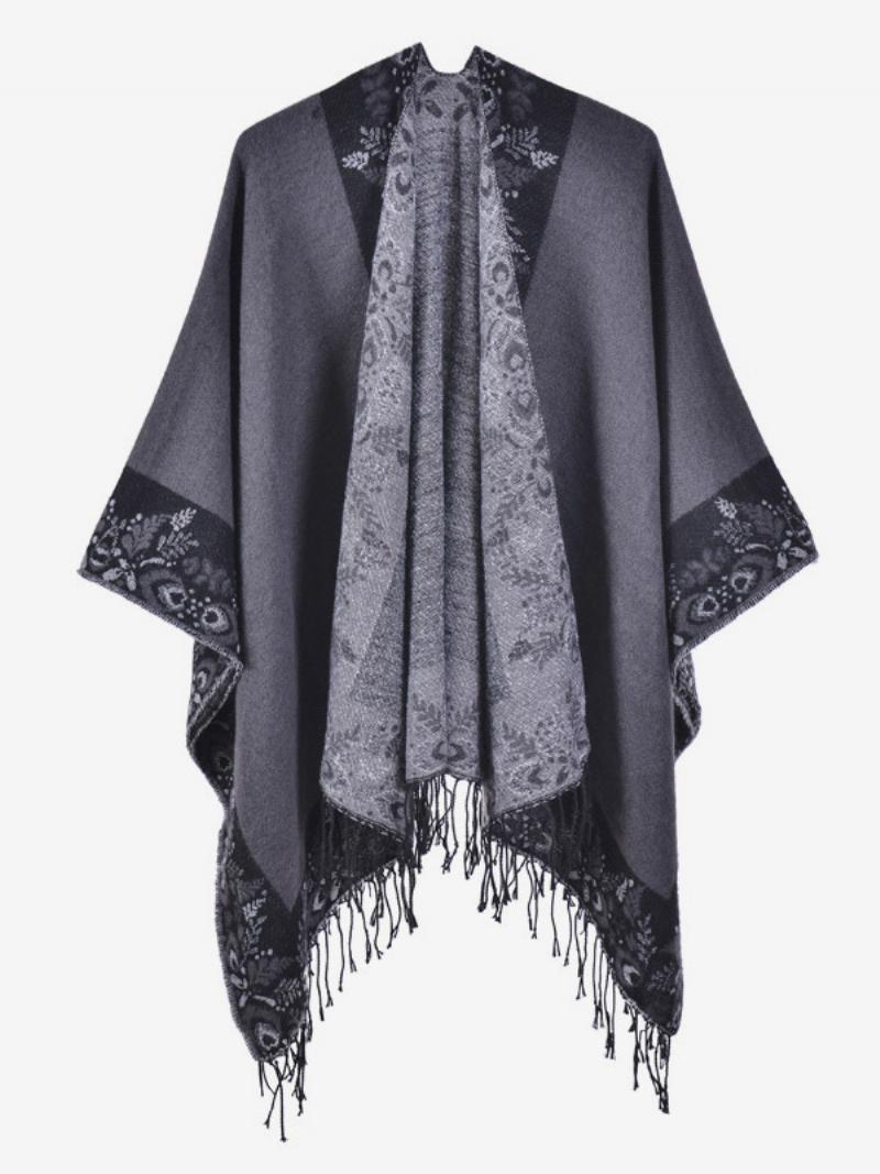 Női Bohemian Fringe Cape Nyomtatott Nagyméretű Őszi Téli Poncsók - Szürke