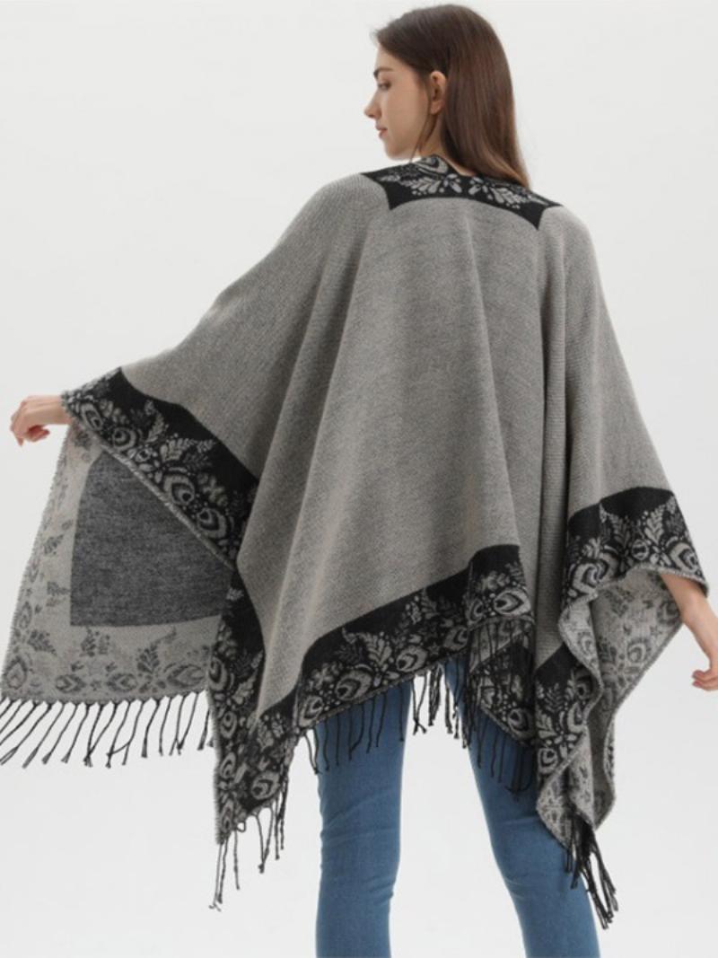 Női Bohemian Fringe Cape Nyomtatott Nagyméretű Őszi Téli Poncsók - Fekete