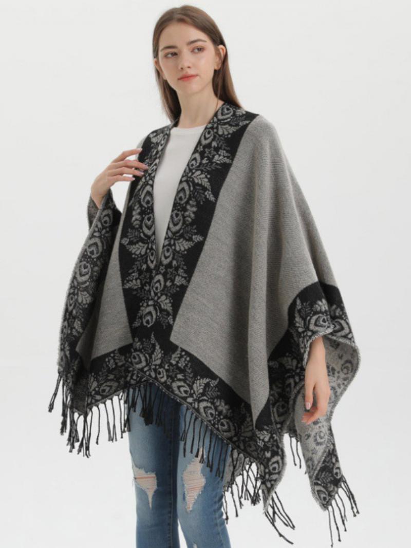 Női Bohemian Fringe Cape Nyomtatott Nagyméretű Őszi Téli Poncsók - Fekete