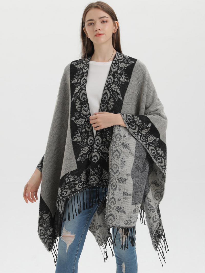 Női Bohemian Fringe Cape Nyomtatott Nagyméretű Őszi Téli Poncsók - Fekete