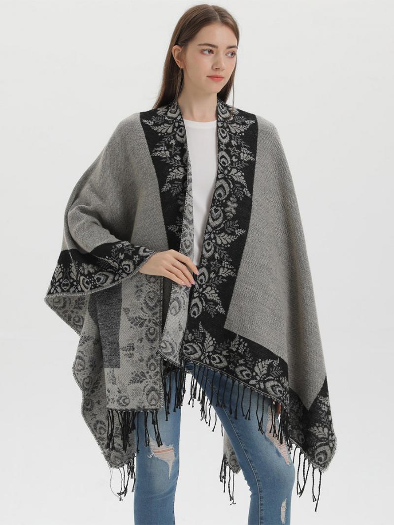 Női Bohemian Fringe Cape Nyomtatott Nagyméretű Őszi Téli Poncsók - Fekete