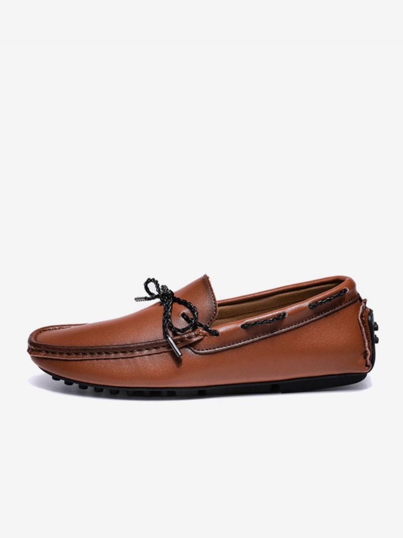 Férfi Loafer Cipők Slip-on Kerek Orrú Pu Bőr - Kávé Barna